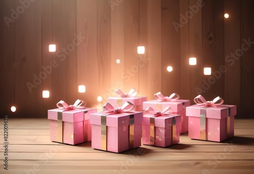 pudełka prezentowe różowe z błyszczącymi złotymi wstążkami na drewnianym tle ze świecącymi kwadratami photo