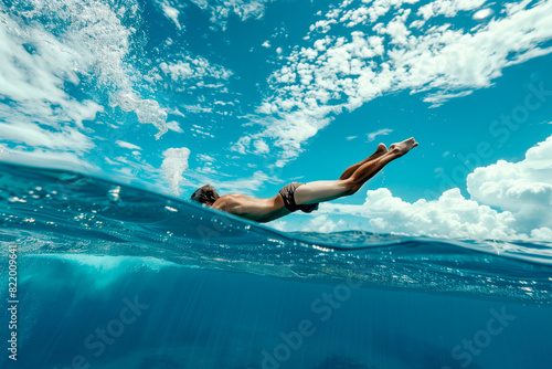 An athletic man dives gracefully into the clear blue ocean beneath a bright  cloud-dappled sky