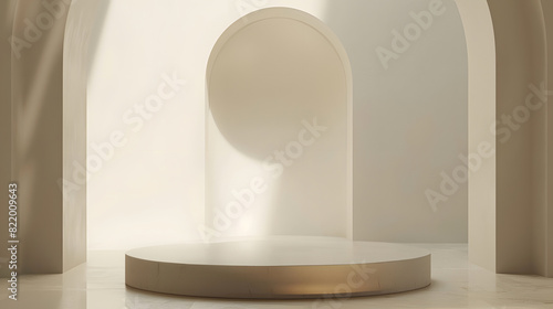 White Podium with a Clean Scandinavian Living Room Background, front view focus ideal for luxury lifestyle product display stage,sleek podium, abstract, stand, scene, geometric, showcase,minimalist