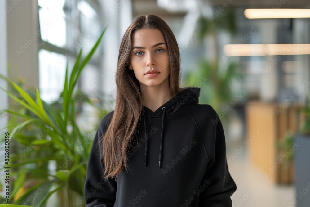A mockup of an attractive woman wearing a black hoodie standing in the office A mockup of an attractive woman wearing a black hoodie standing in the office
