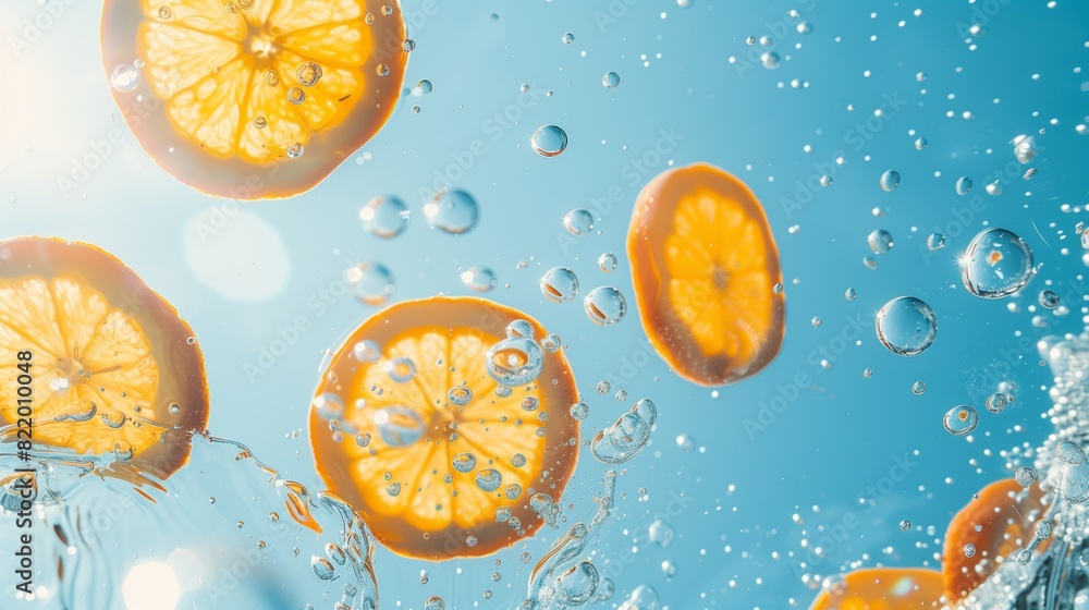 A bright blue sky and floating orange slices with bubbles create a refreshing and lively scene. A bright blue sky and floating orange slices with bubbles create a refreshing and lively scene.