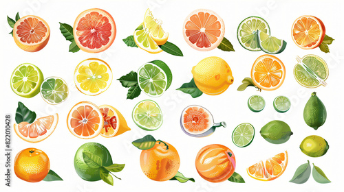 Set of many citrus fruits isolated on white
