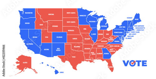 USA Voting Map. Poster map of United States of America for Election, Voting, US President elections. Infographic design, USA map with states, Democratic, Republican USA states. Vector Illustration