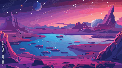 Alien planet landscape with rocky surface and lake. vector