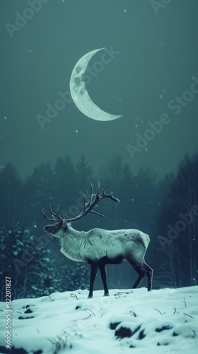 deer walking at night in snowy landscape near river. ai generated © Andrei