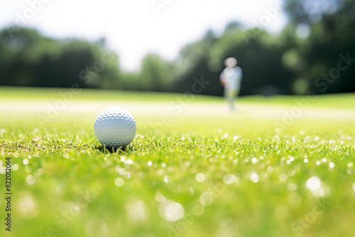 golf ball on green with background of golf player