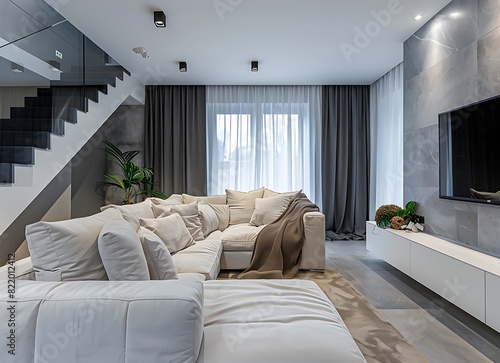 Modern living room interior with a white sofa and gray walls