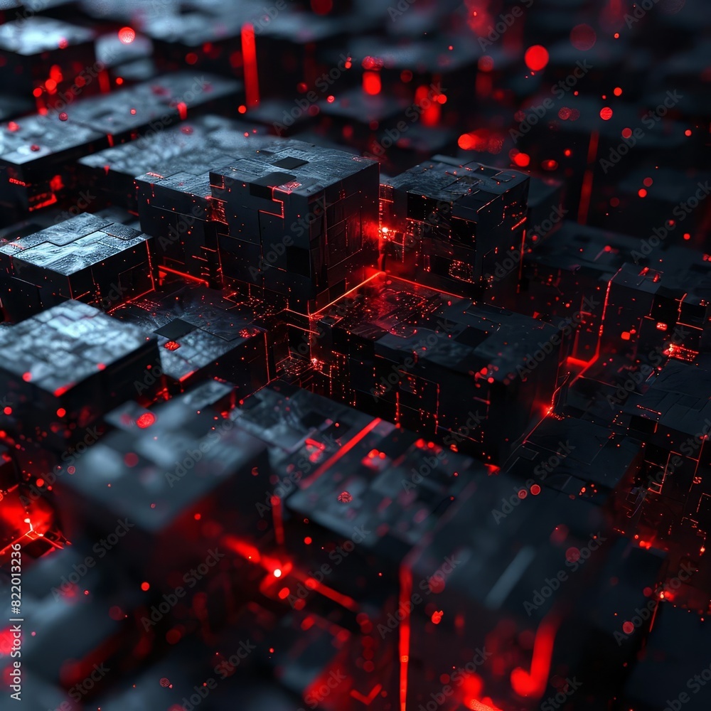 Abstract futuristic cityscape with glowing red lights and block structures. High-tech digital concept representing modern technology and innovation. Abstract futuristic cityscape with glowing red lights and block structures. High-tech digital concept representing modern technology and innovation.