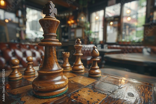 Chess pieces on wooden table in restaurant