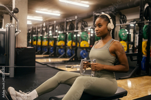 A young powerful african american sportswoman with headphones doing workouts for backs on cable machine.