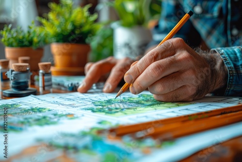 Man drawing map with pencil