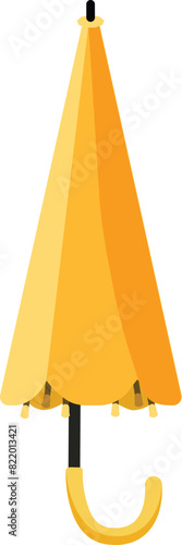 Vector graphic illustration of a closed yellow umbrella with tassel, simplistic design, and vibrant color, isolated on white background, perfect for rainy weather protection in autumn and spring