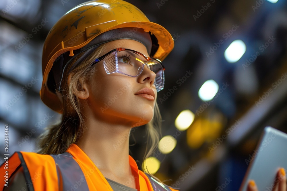 Female Engineer at construction site with digital tablet in her hand. She is in working clothes, safety helmet and safety glasses Female Engineer at construction site with digital tablet in her hand. She is in working clothes, safety helmet and safety glasses