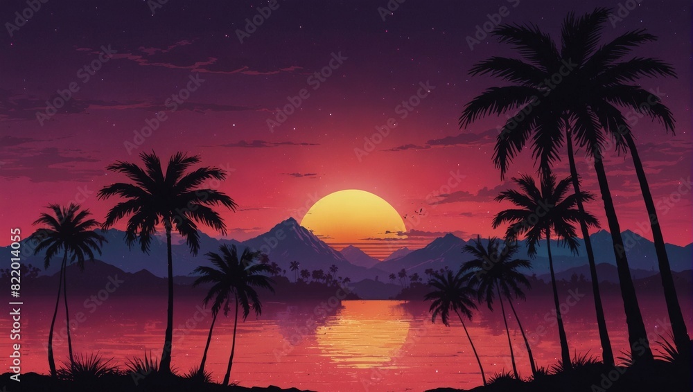 Tranquil Sunset Scene with Flying Birds and Palm Trees, Retro 1980s style