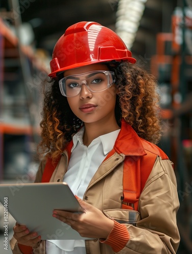 Female Engineer at construction site with digital tablet in her hand. She is in working clothes, safety helmet and safety glasses