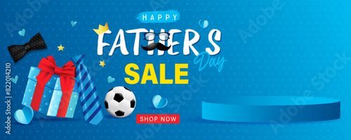 Happy Fathers day sale banner with empty podium for product demonstration. I love you Dad, Happy Father's Day special offer concept. Vector illustration