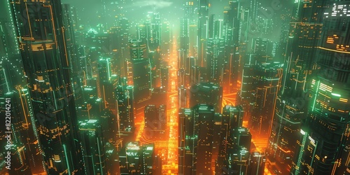 Sci-fi Cityscape with Orange and Green Neon lights. Night scene with Visionary Skyscrapers.