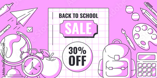 Back to school sale minimalist banner with discount, school supplies, stationery. Education, learning, selling concept. Vector horizontal poster for web, social media, advertising, business.