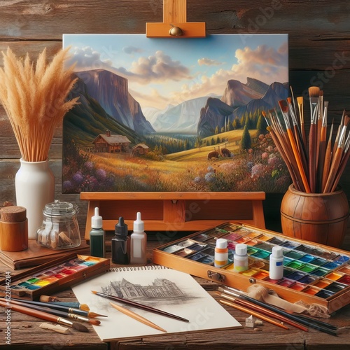 Artist's workspace with a landscape painting on an easel, surrounded by brushes, paints, and a sketchpad.