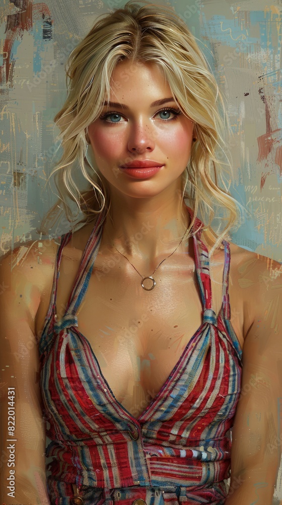 Portrait of a blonde woman in a red and blue striped dress. Portrait of a blonde woman in a red and blue striped dress.