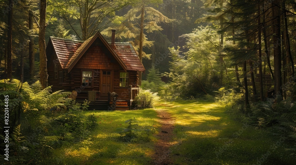 A charming, rustic cabin nestled in a peaceful forest.