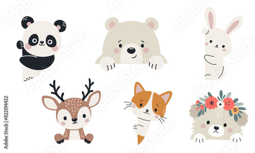 Set of flat vector illustrations in children's style. Cute animals peeking out from behind banners, space for your text. Bear dog dog hare hare deer cat panda. Vector illustration