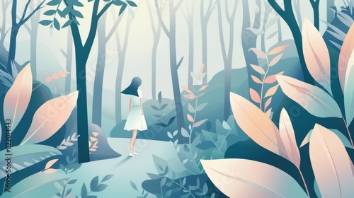 Vector Art of a Barometz girl, in a serene, enchanted forest, using minimalist, geometric designs and a cooltoned, pastel color palette for a tranquil, ethereal look photo