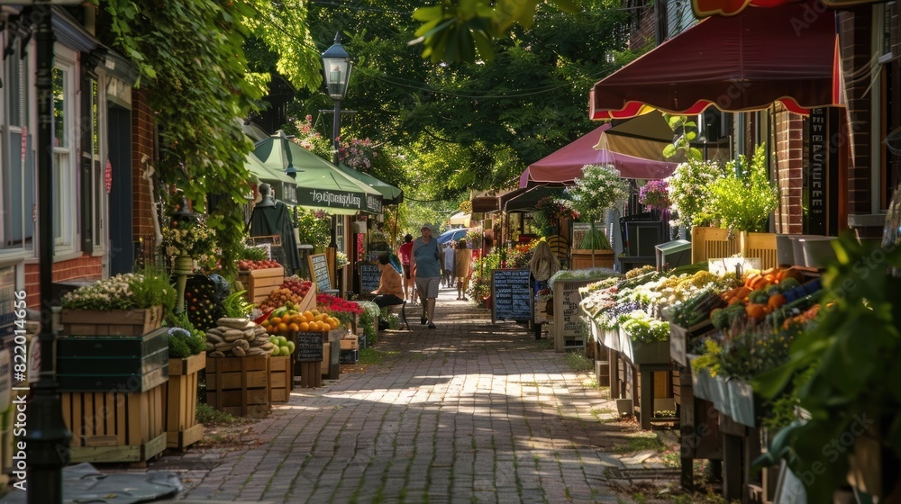 A charming street market with vendors selling fresh produce, flowers, and handmade goods.