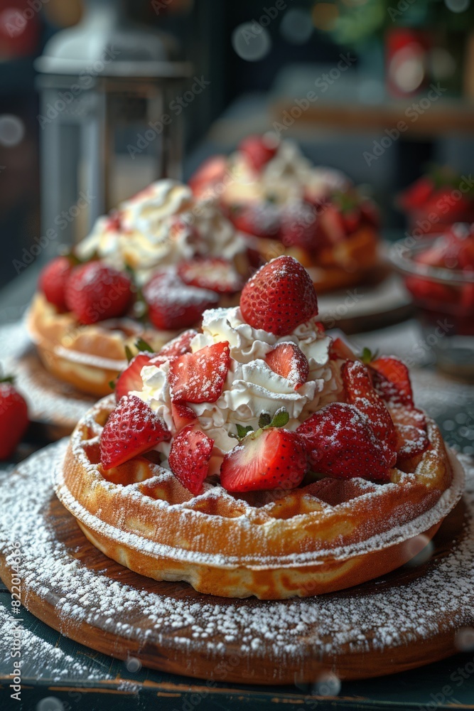 Delicious waffles with strawberries and powdered sugar Delicious waffles with strawberries and powdered sugar