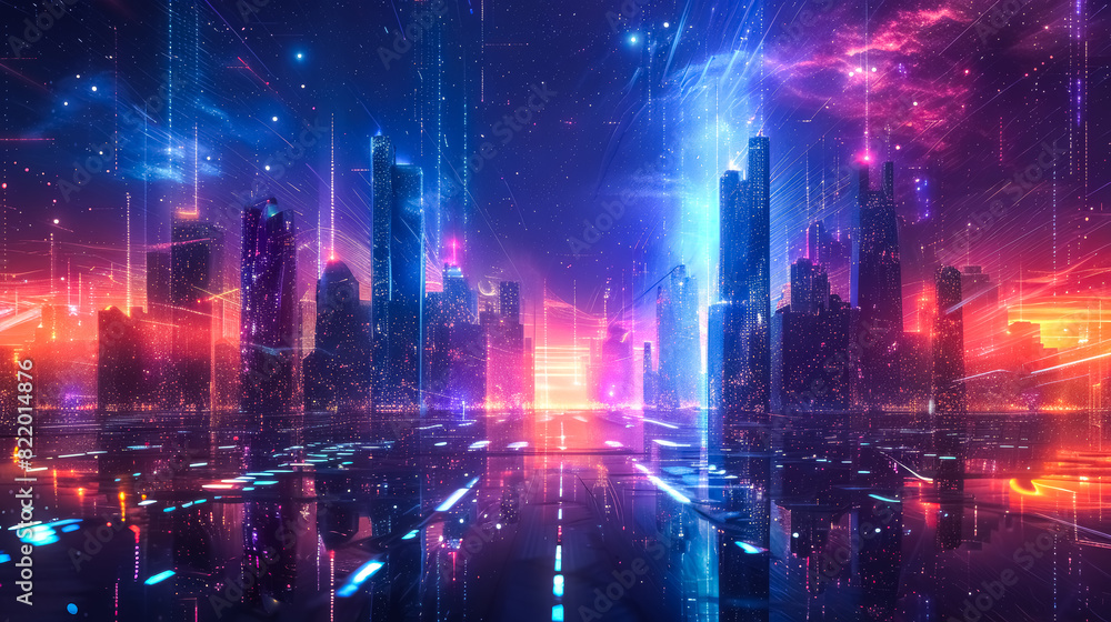 Fototapeta premium Vibrant neon cityscape illuminated at night with skyscrapers and reflective Ssreets