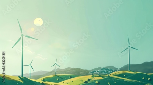 Wind Turbines and Solar Panels on Green Hills Under Bright Sky
