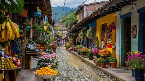 A charming street market with vendors selling fresh produce, flowers, and handmade goods.