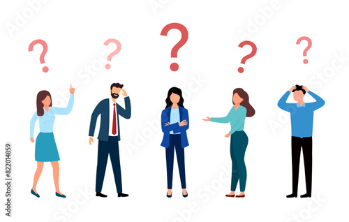 Different young women and men surrounded by a question mark.