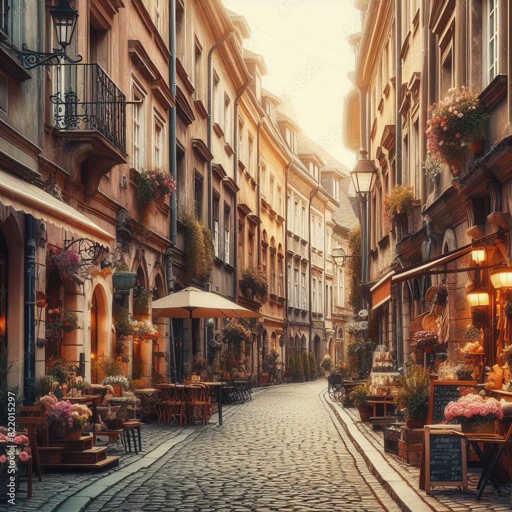 Charming cobblestone street in a historic European city at sunrise.