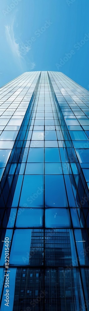 Low angle view of a modern skyscraper with reflective glass windows against a clear blue sky, showcasing contemporary architecture and urban design. Low angle view of a modern skyscraper with reflective glass windows against a clear blue sky, showcasing contemporary architecture and urban design.