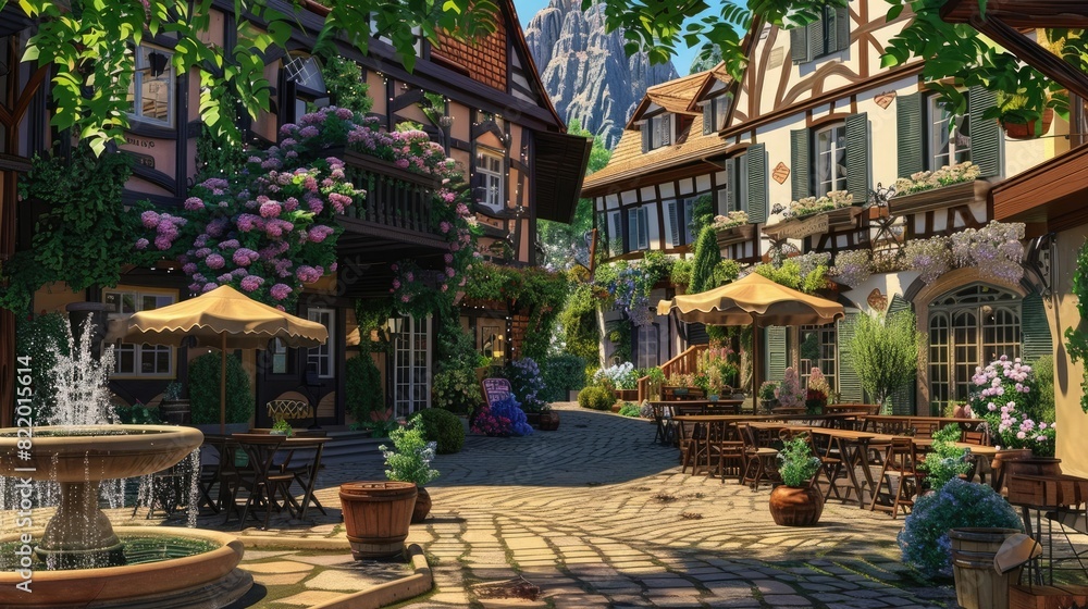A charming village square with a fountain, cobblestone paths, and outdoor cafes.