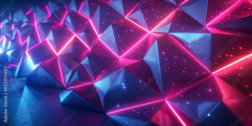 Neon Modern Surface with Tetrahedrons. Illuminated, Neon Modern Surface with Tetrahedrons. Illuminated,
