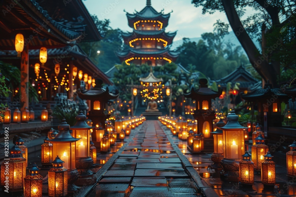 Illuminated chinese pagoda with lanterns at night Illuminated chinese pagoda with lanterns at night