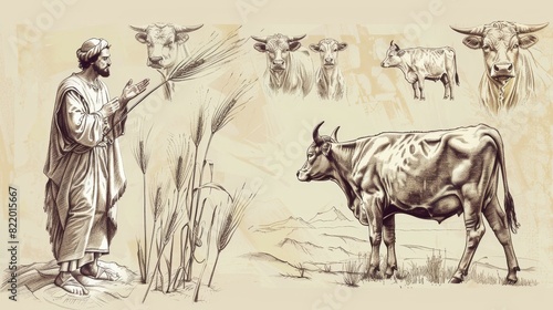 Joseph and Pharaoh’s Dream of Cows and Grain - Biblical Watercolor Illustration