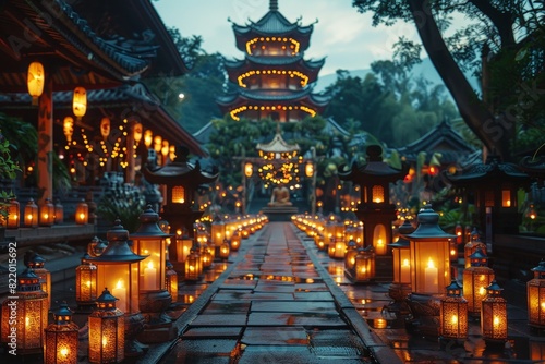 Illuminated chinese pagoda with lanterns at night