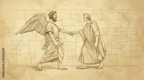 Angel Leading Peter Out of Prison - Miraculous Escape - Biblical Watercolor Illustration