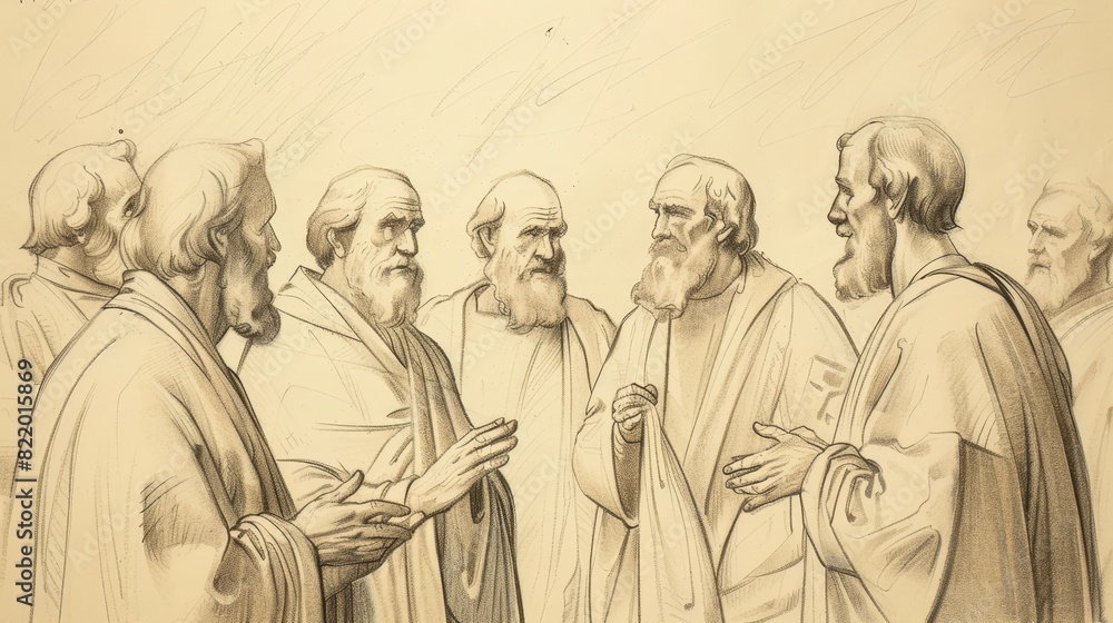 Council at Jerusalem with Apostles Debating Gentile Inclusion - Biblical Watercolor Illustration Council at Jerusalem with Apostles Debating Gentile Inclusion - Biblical Watercolor Illustration