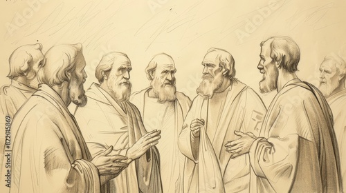 Council at Jerusalem with Apostles Debating Gentile Inclusion - Biblical Watercolor Illustration photo