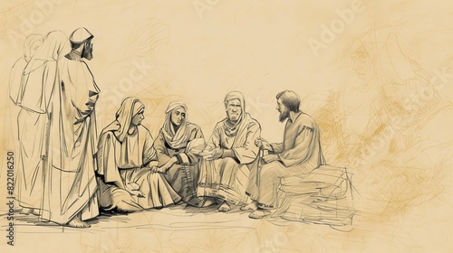 Ananias and Sapphira with Early Church Community - Biblical Watercolor Illustration photo