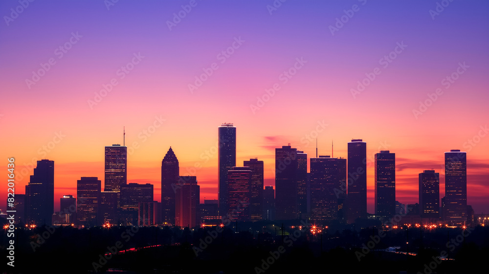 Silhouette of a city skyline against the colorful hues of a sunset or twilight sky. The lights of skyscrapers and buildings begin to twinkle as the city transitions from day to night.