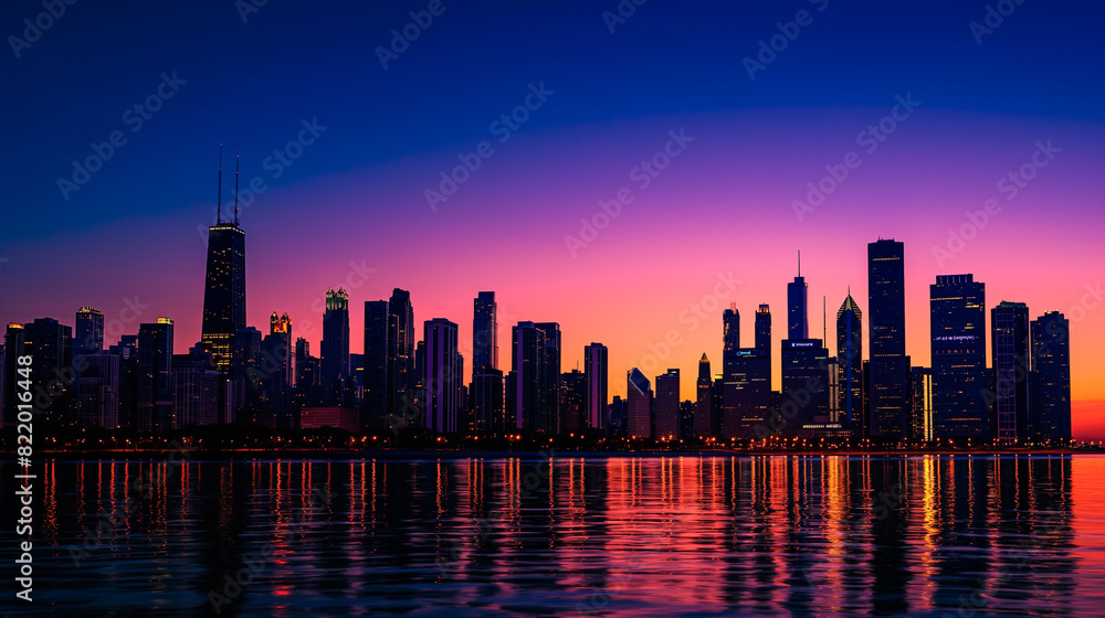 Obraz premium Silhouette of a city skyline against the colorful hues of a sunset or twilight sky. The lights of skyscrapers and buildings begin to twinkle as the city transitions from day to night.