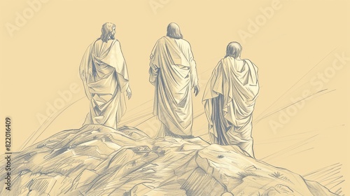 Jesus Transfigured on Mountain with Moses and Elijah Appearing - Biblical Watercolor Illustration