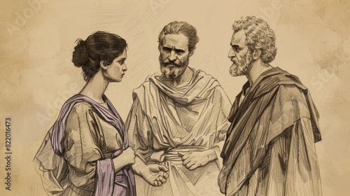Paul and Silas with Lydia, the Purple Seller - Biblical Watercolor Illustration