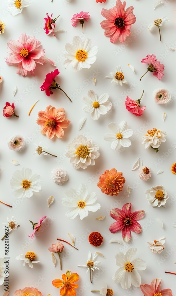 Scattered spring flowers on white background Scattered spring flowers on white background