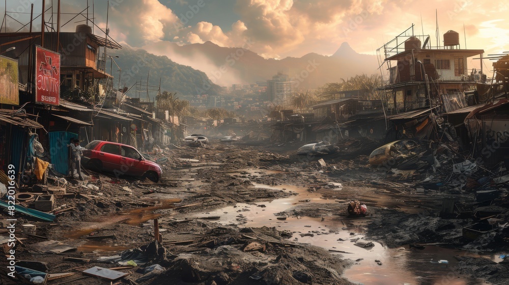 A hauntingly realistic portrayal of a post-apocalyptic urban wasteland, with abandoned cars and buildings under a dusky sky. A hauntingly realistic portrayal of a post-apocalyptic urban wasteland, with abandoned cars and buildings under a dusky sky.